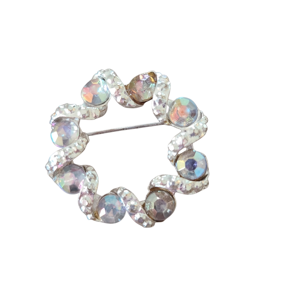 AB Rhinestone Brooch Pin, Silver Toned
